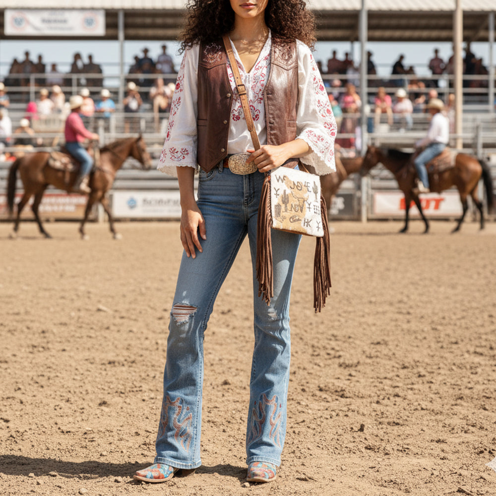 ADBGM616 Crossbody Bag - Western Hair-On Leather Fringe Bag with Ranch Brand & Rodeo Motif