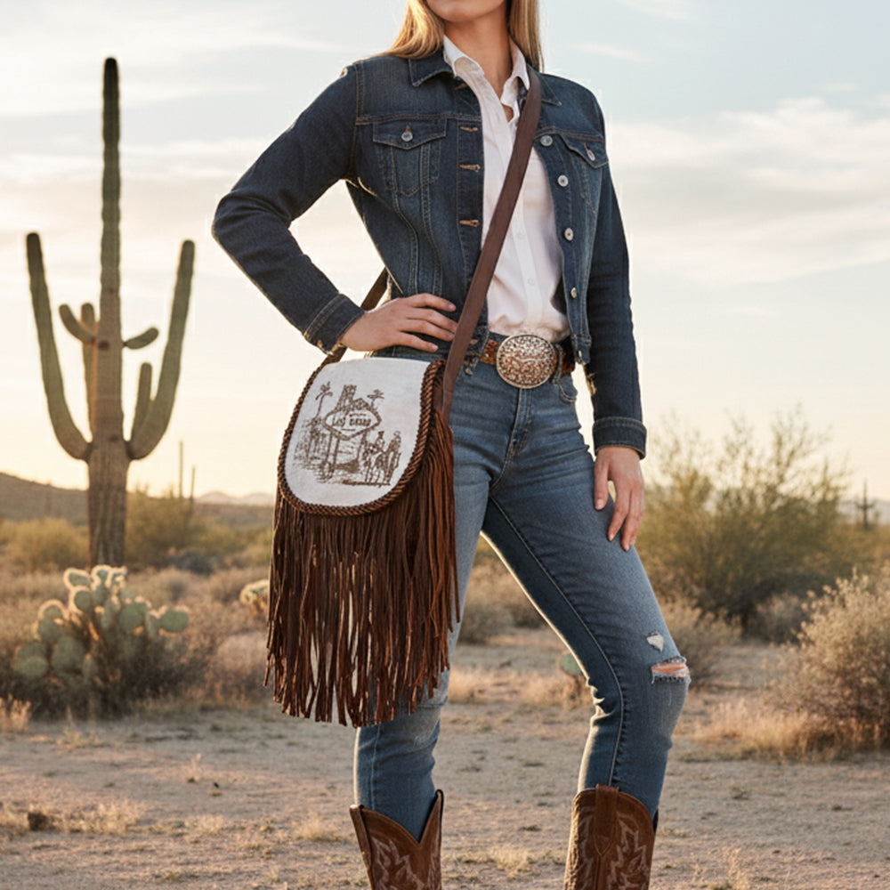 ADBGM617 Crossbody Bag - Western Hair-On Leather Fringe Bag with Las Vegas Cowboy Scene