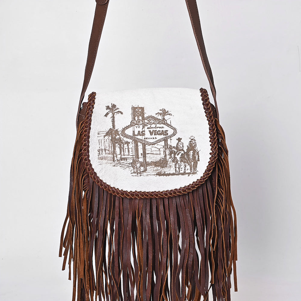 ADBGM617 Crossbody Bag - Western Hair-On Leather Fringe Bag with Las Vegas Cowboy Scene