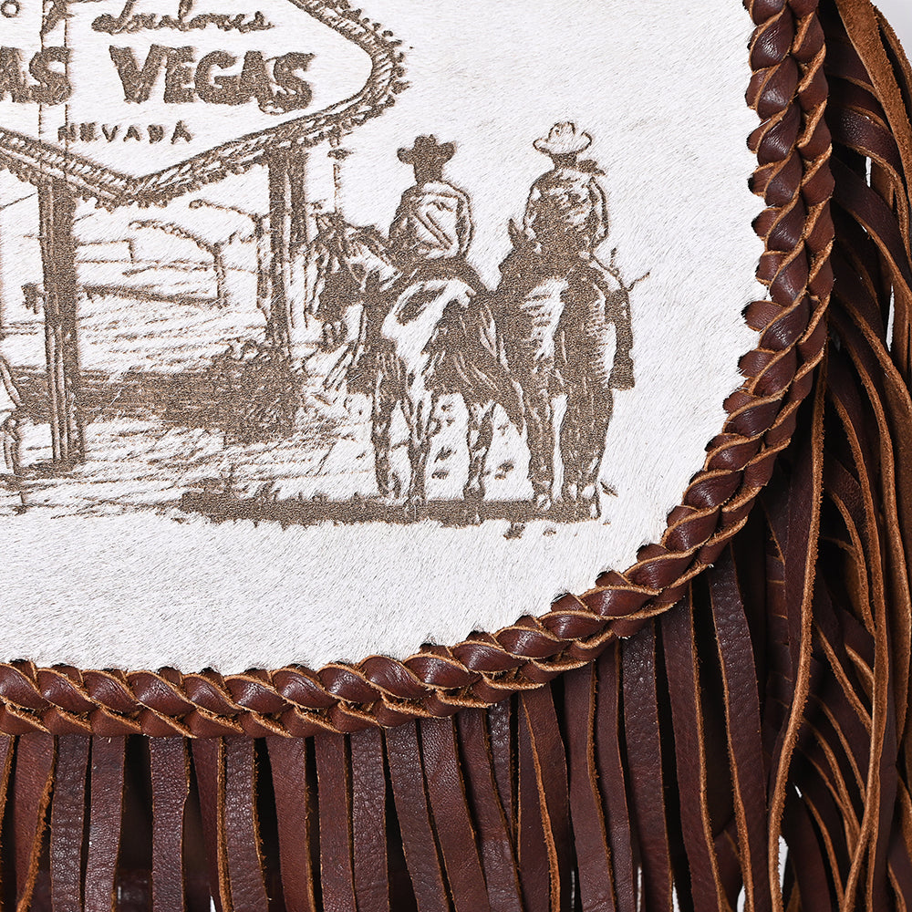 ADBGM617 Crossbody Bag - Western Hair-On Leather Fringe Bag with Las Vegas Cowboy Scene