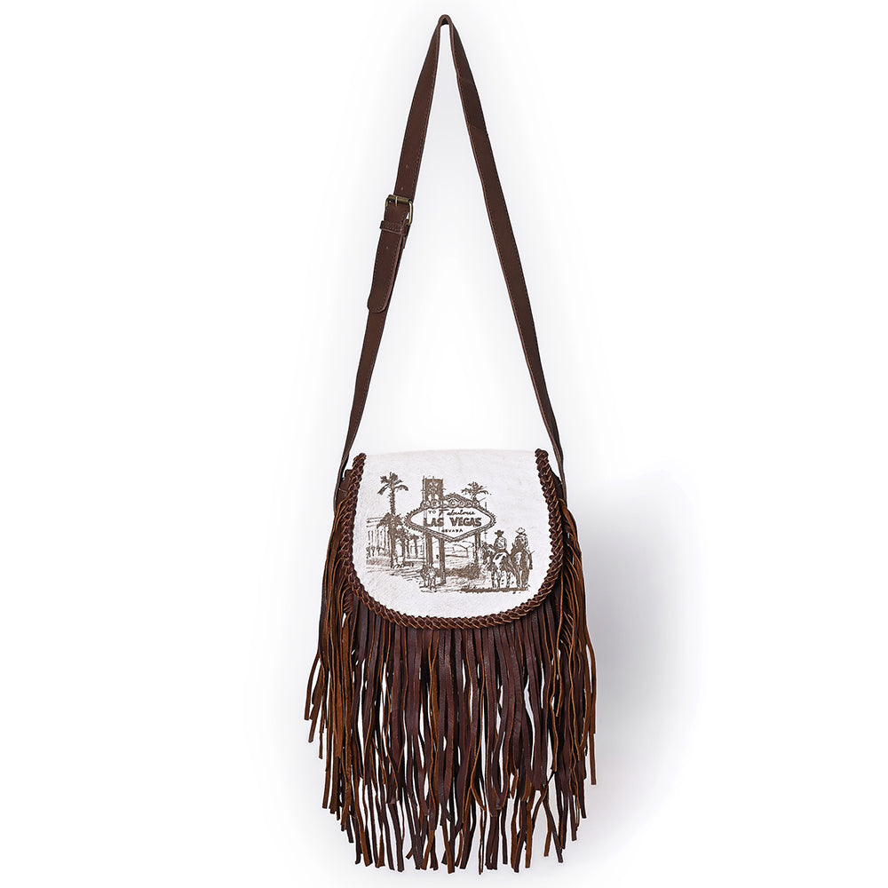ADBGM617 Crossbody Bag - Western Hair-On Leather Fringe Bag with Las Vegas Cowboy Scene