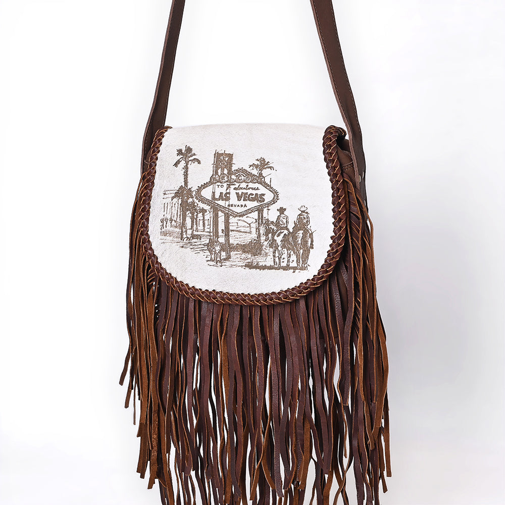 ADBGM617 Crossbody Bag - Western Hair-On Leather Fringe Bag with Las Vegas Cowboy Scene
