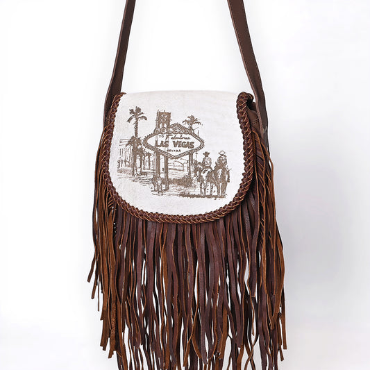 ADBGM617 Crossbody Bag - Western Hair-On Leather Fringe Bag with Las Vegas Cowboy Scene