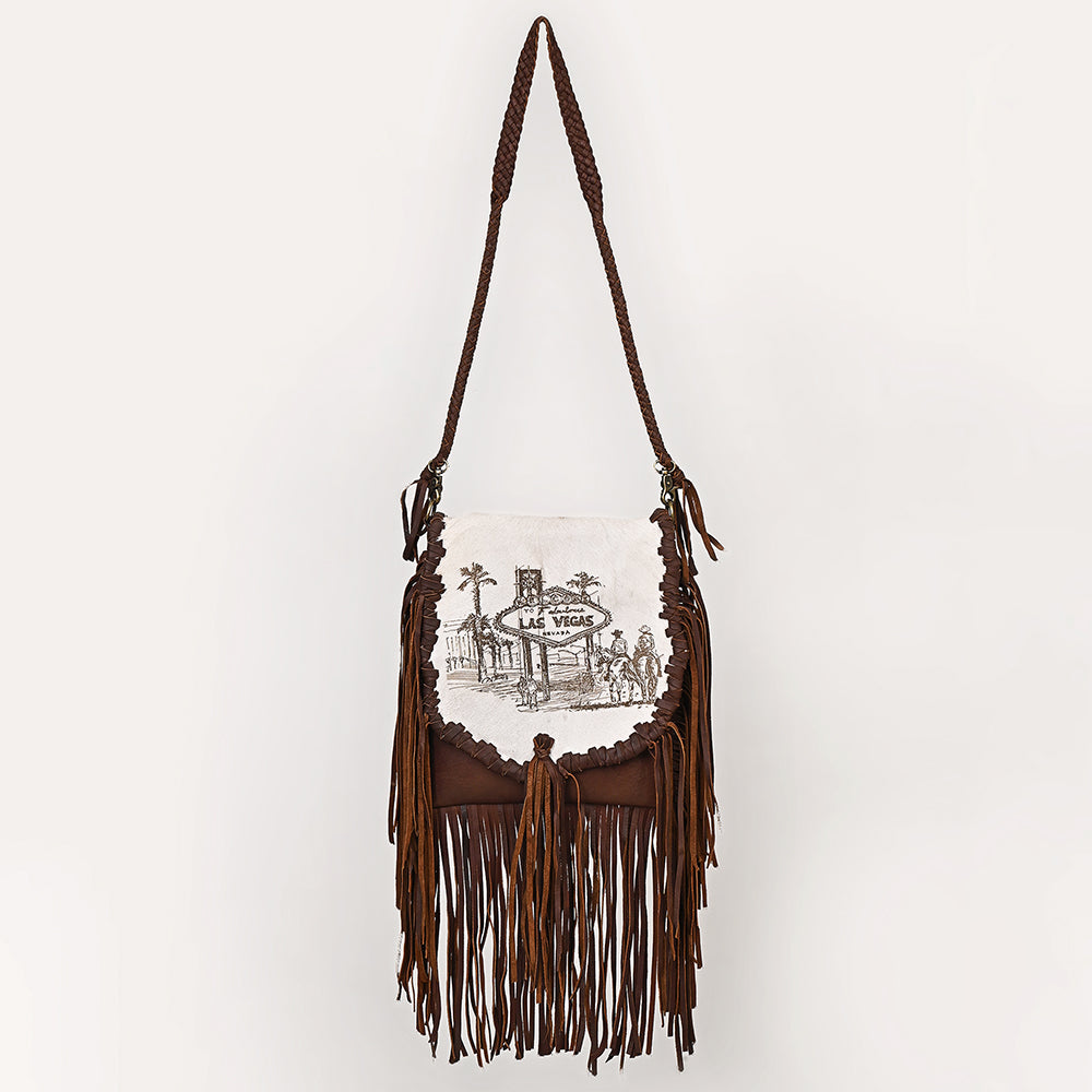 ADBGM619 Western Fringe Messenger Bag - Hair-On Leather with Las Vegas Cowgirl Print & Whipstitch Detail