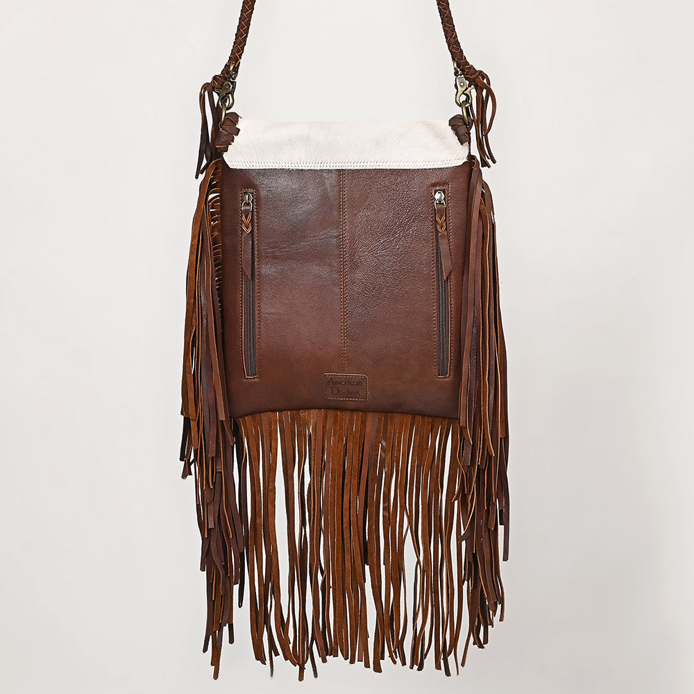 ADBGM619 Western Fringe Messenger Bag - Hair-On Leather with Las Vegas Cowgirl Print & Whipstitch Detail