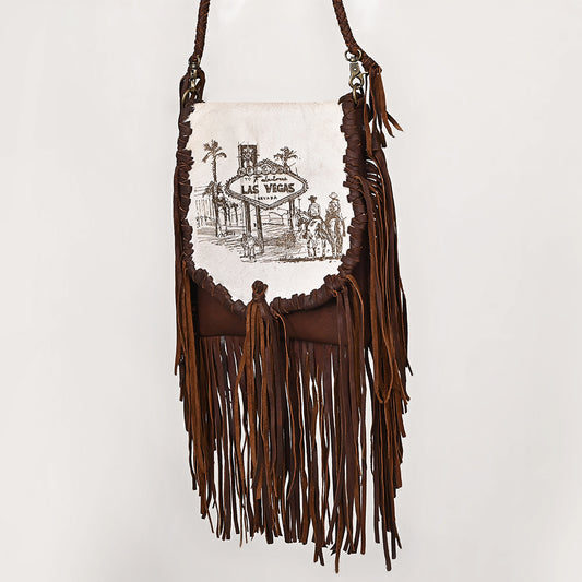ADBGM619 Western Fringe Messenger Bag - Hair-On Leather with Las Vegas Cowgirl Print & Whipstitch Detail