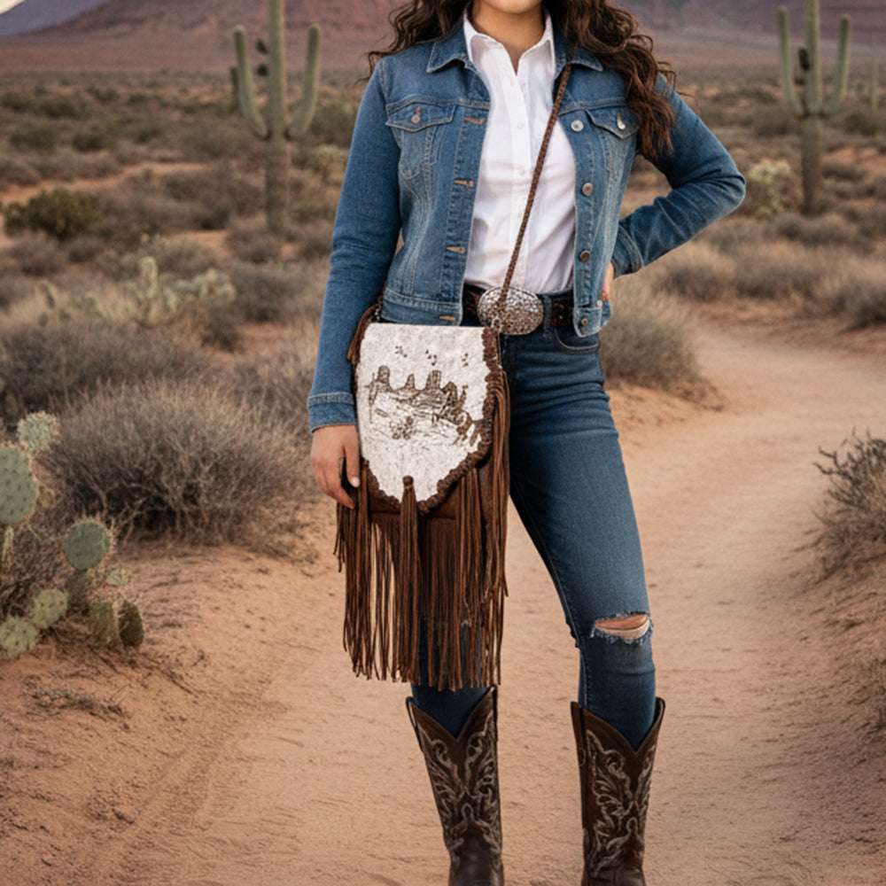 ADBGM620 Western Messenger Bag - Hair-On Leather Fringe Bag with Cowboy Desert Scene & Whipstitch Detail