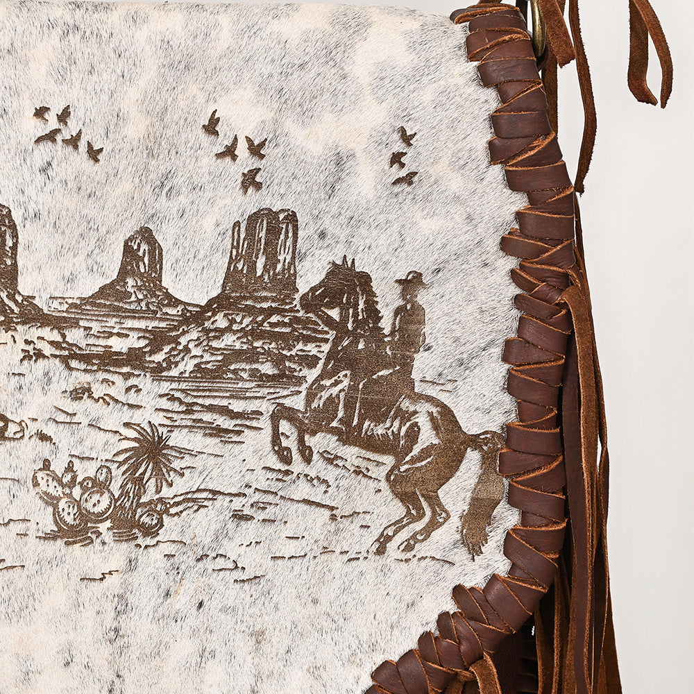 ADBGM620 Western Messenger Bag - Hair-On Leather Fringe Bag with Cowboy Desert Scene & Whipstitch Detail