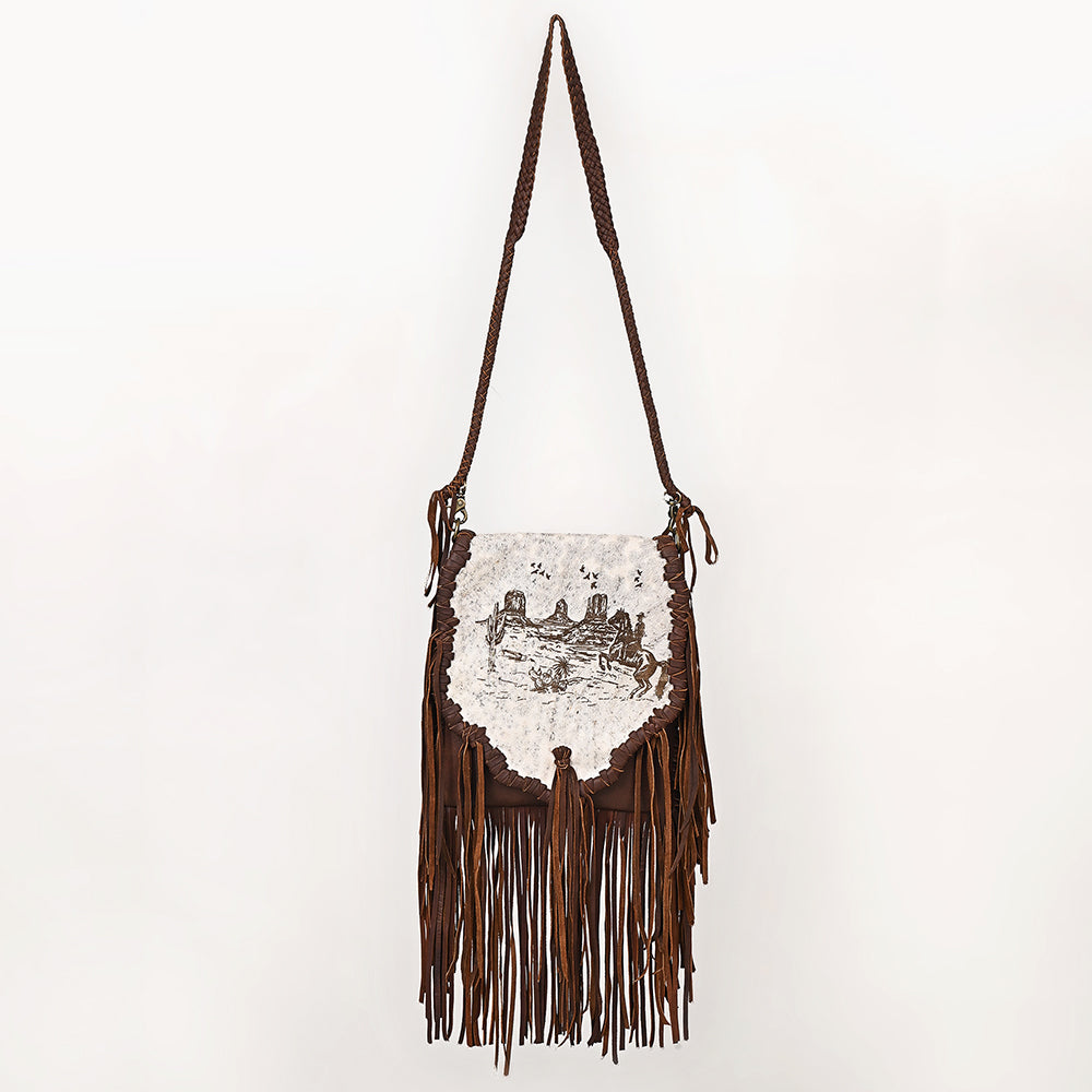 ADBGM620 Western Messenger Bag - Hair-On Leather Fringe Bag with Cowboy Desert Scene & Whipstitch Detail