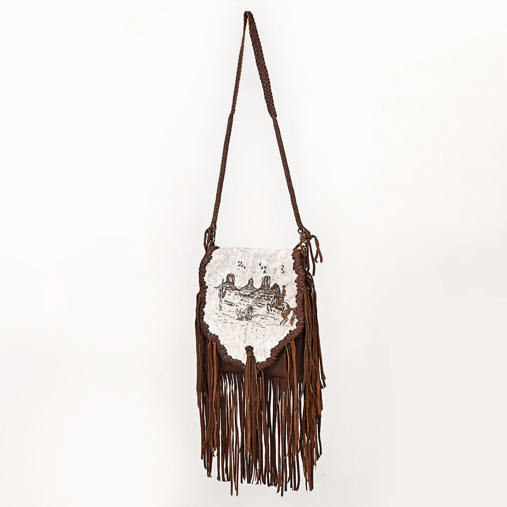 ADBGM620 Western Messenger Bag - Hair-On Leather Fringe Bag with Cowboy Desert Scene & Whipstitch Detail