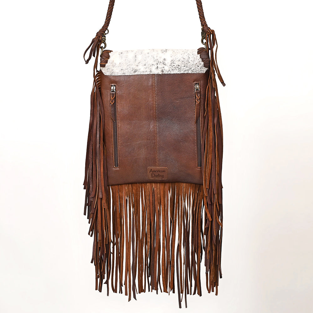ADBGM620 Western Messenger Bag - Hair-On Leather Fringe Bag with Cowboy Desert Scene & Whipstitch Detail