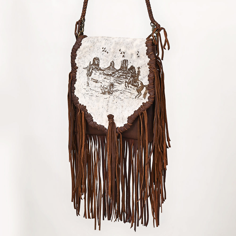 ADBGM620 Western Messenger Bag - Hair-On Leather Fringe Bag with Cowboy Desert Scene & Whipstitch Detail
