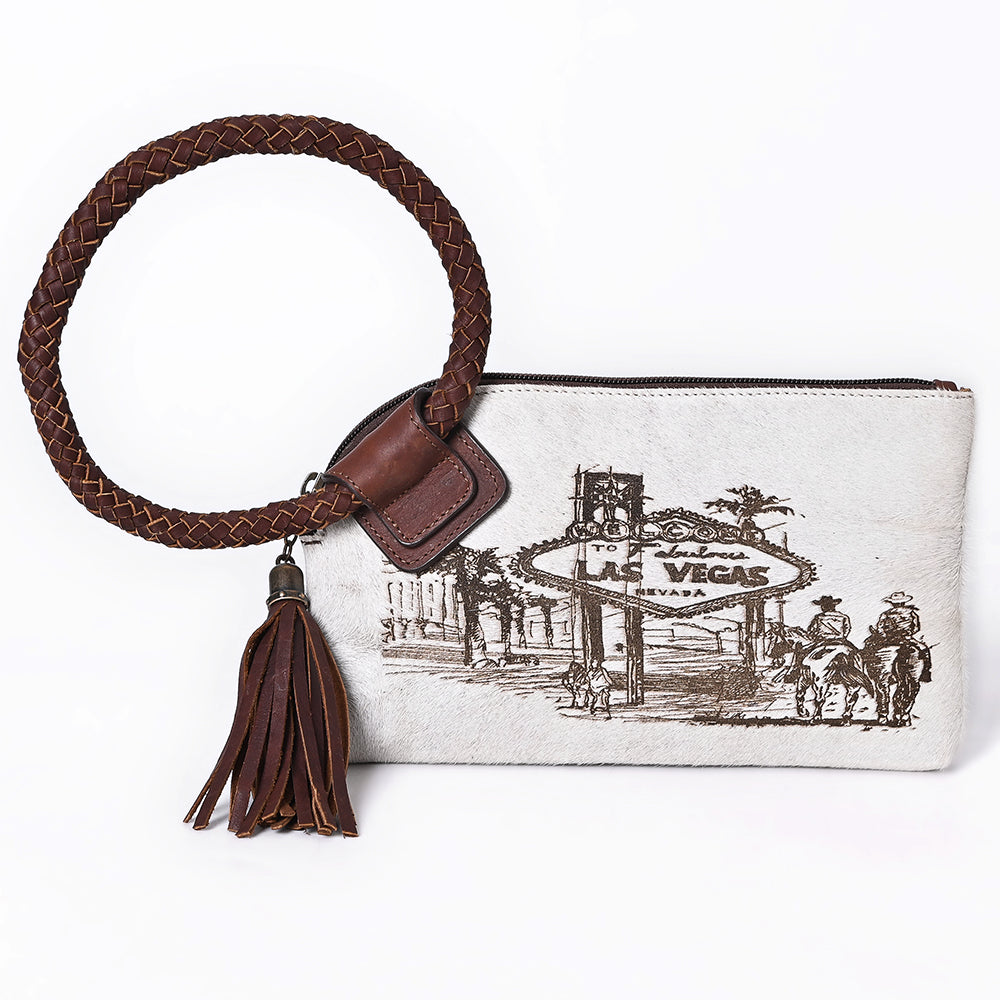 ADBGM621 Western Wristlet - Hair-On Leather Clutch with Las Vegas Cowboy Print & Braided Strap