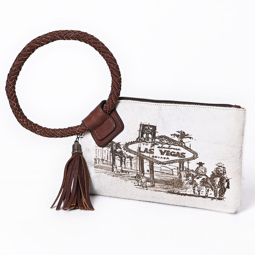 ADBGM621 Western Wristlet - Hair-On Leather Clutch with Las Vegas Cowboy Print & Braided Strap