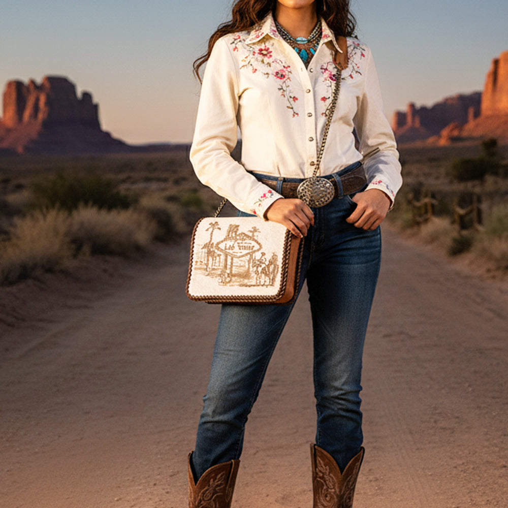 ADBGM622 Western Organiser Bag - Hair-On Leather Las Vegas Print with Chain Strap & Whipstitch Trim