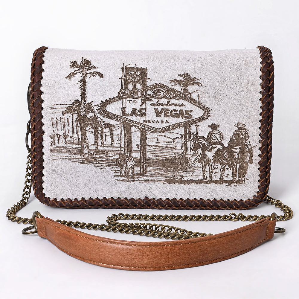 ADBGM622 Western Organiser Bag - Hair-On Leather Las Vegas Print with Chain Strap & Whipstitch Trim