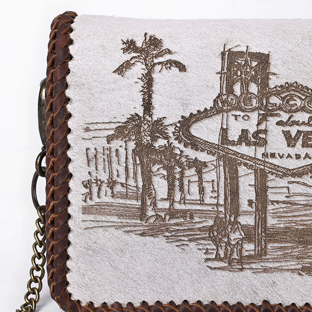 ADBGM622 Western Organiser Bag - Hair-On Leather Las Vegas Print with Chain Strap & Whipstitch Trim