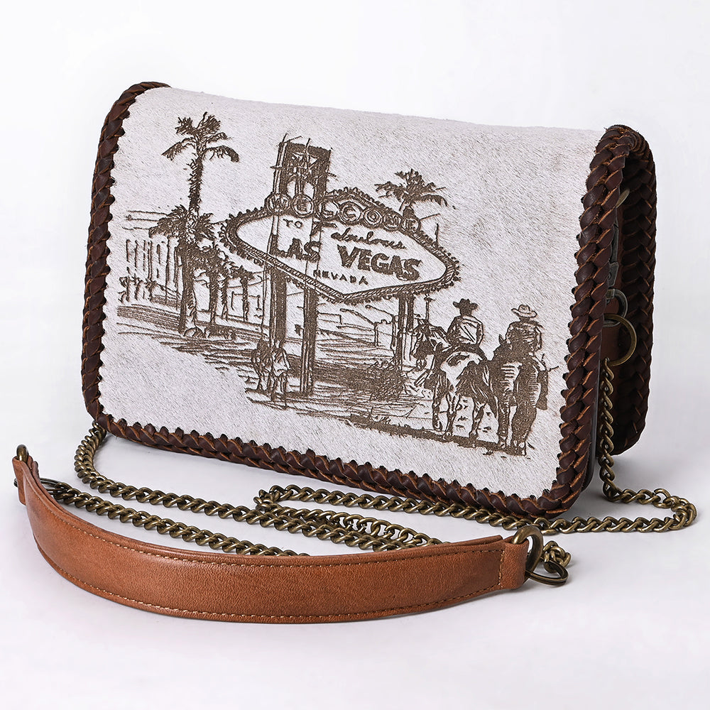 ADBGM622 Western Organiser Bag - Hair-On Leather Las Vegas Print with Chain Strap & Whipstitch Trim