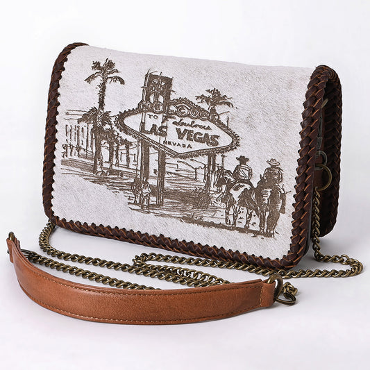 ADBGM622 Western Organiser Bag - Hair-On Leather Las Vegas Print with Chain Strap & Whipstitch Trim