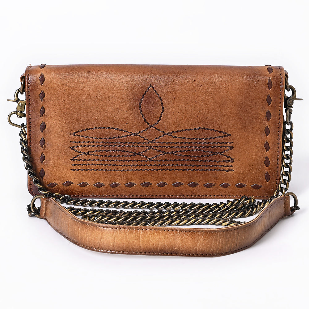 ADBGM169AM Hand-Stitched Tan Leather Crossbody Purse with Chain Strap
