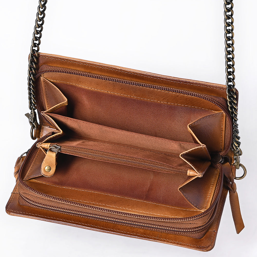 ADBGM169AM Hand-Stitched Tan Leather Crossbody Purse with Chain Strap
