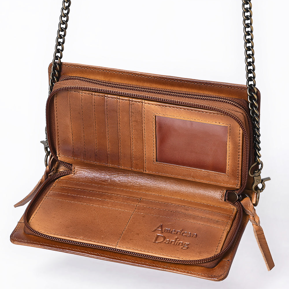 ADBGM169AM Hand-Stitched Tan Leather Crossbody Purse with Chain Strap