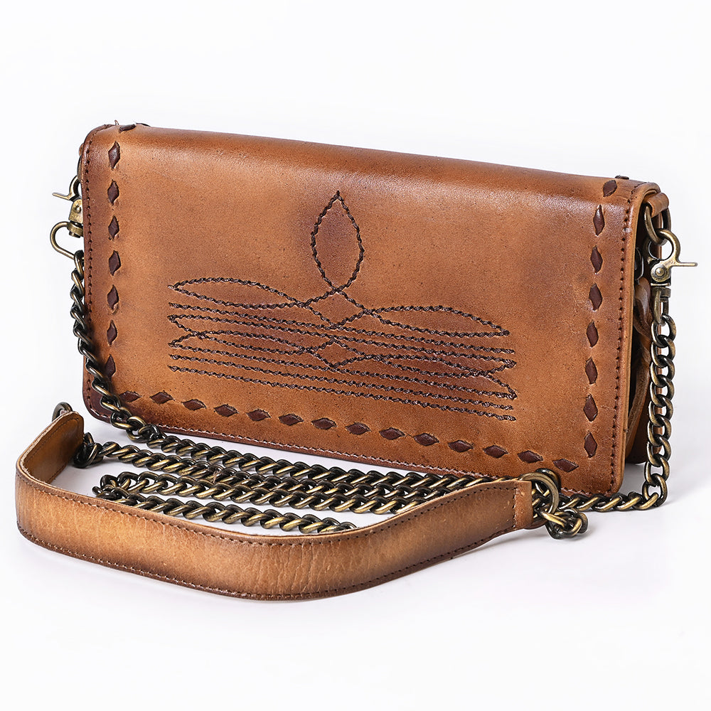 ADBGM169AM Hand-Stitched Tan Leather Crossbody Purse with Chain Strap