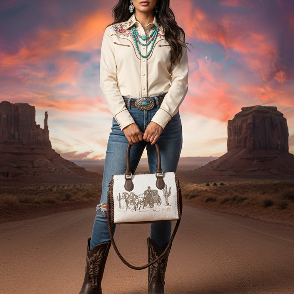 ADBGM624 Western Satchel Tote- Hair-On Leather Bag with Stagecoach Print, Braided Strap & Top Handles