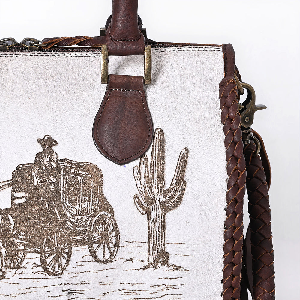 ADBGM624 Western Satchel Tote- Hair-On Leather Bag with Stagecoach Print, Braided Strap & Top Handles