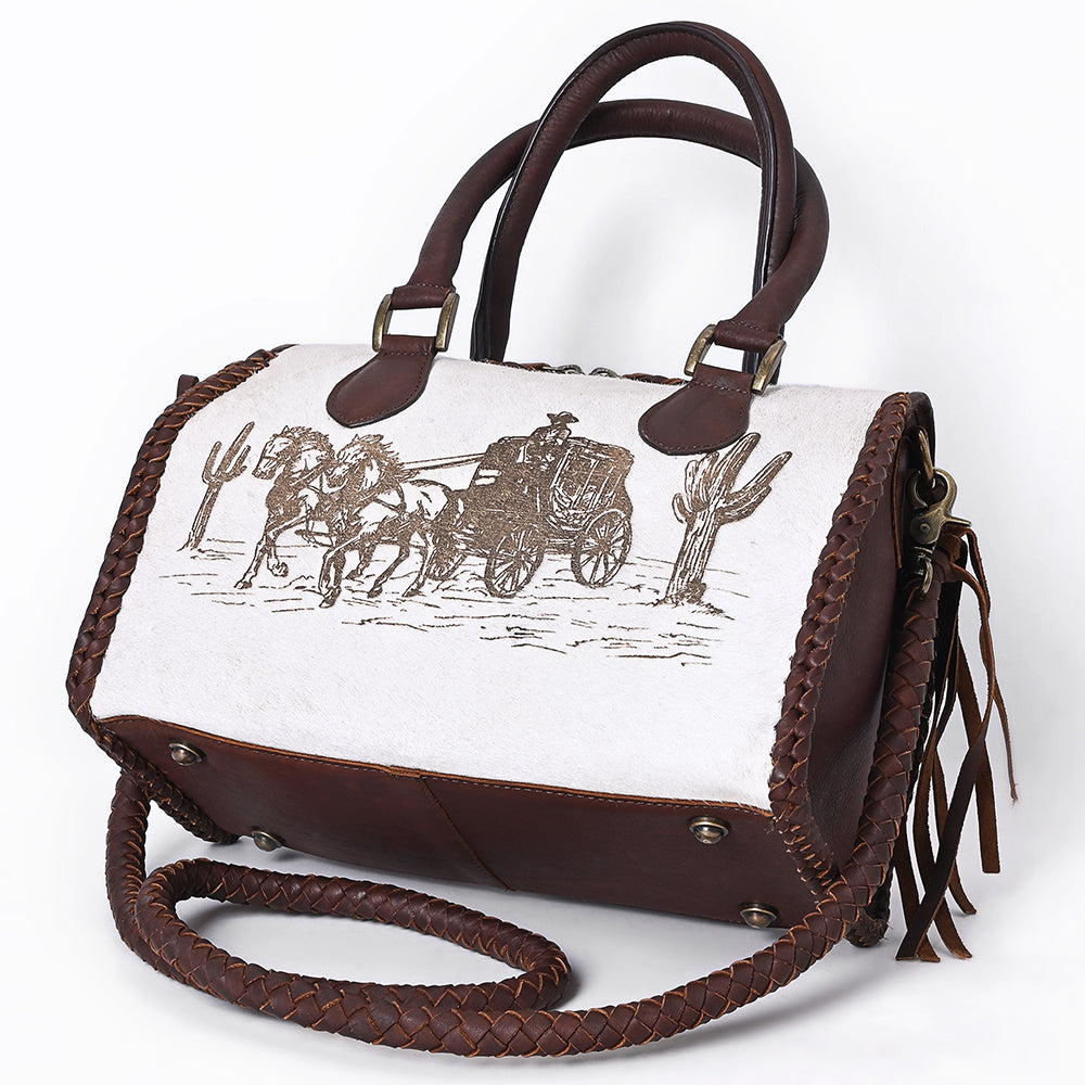 ADBGM624 Western Satchel Tote- Hair-On Leather Bag with Stagecoach Print, Braided Strap & Top Handles