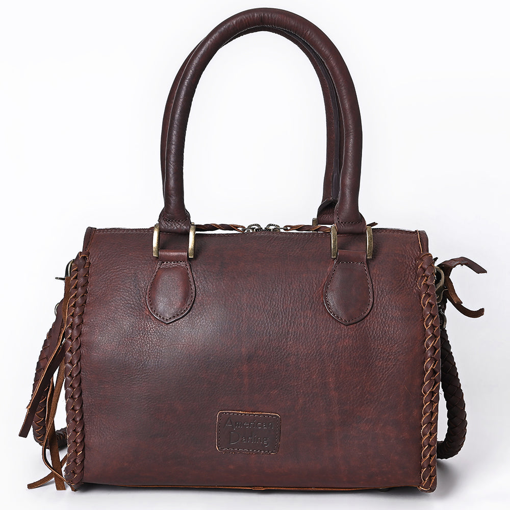 ADBGM624 Western Satchel Tote- Hair-On Leather Bag with Stagecoach Print, Braided Strap & Top Handles