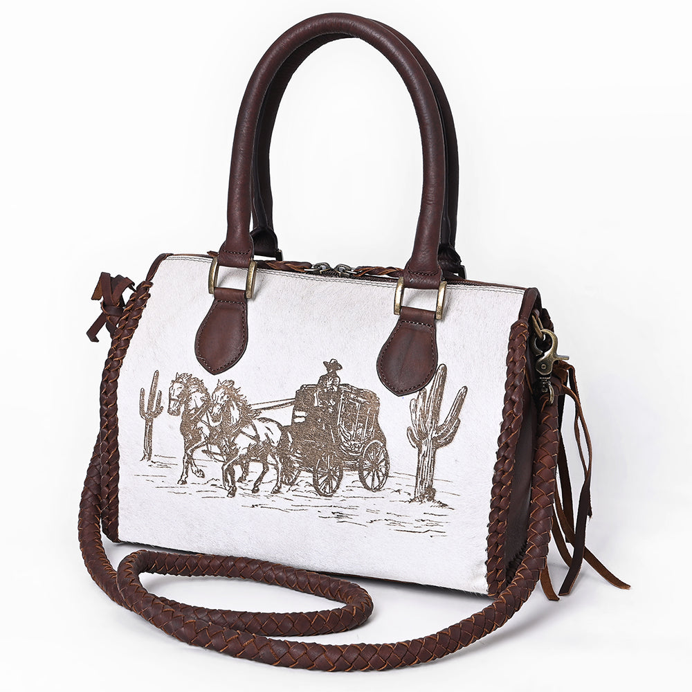 ADBGM624 Western Satchel Tote- Hair-On Leather Bag with Stagecoach Print, Braided Strap & Top Handles