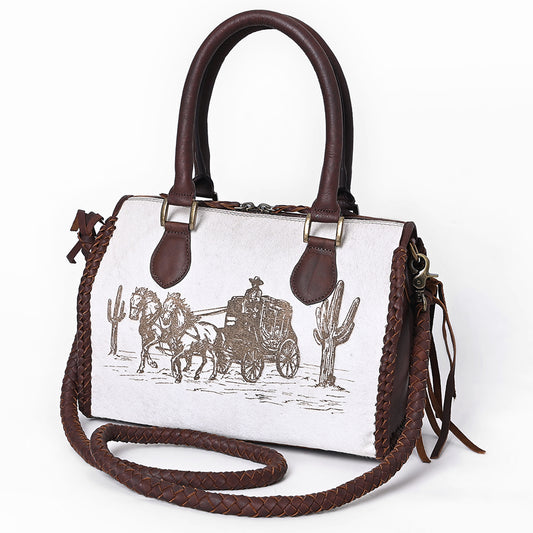 ADBGM624 Western Satchel Tote- Hair-On Leather Bag with Stagecoach Print, Braided Strap & Top Handles