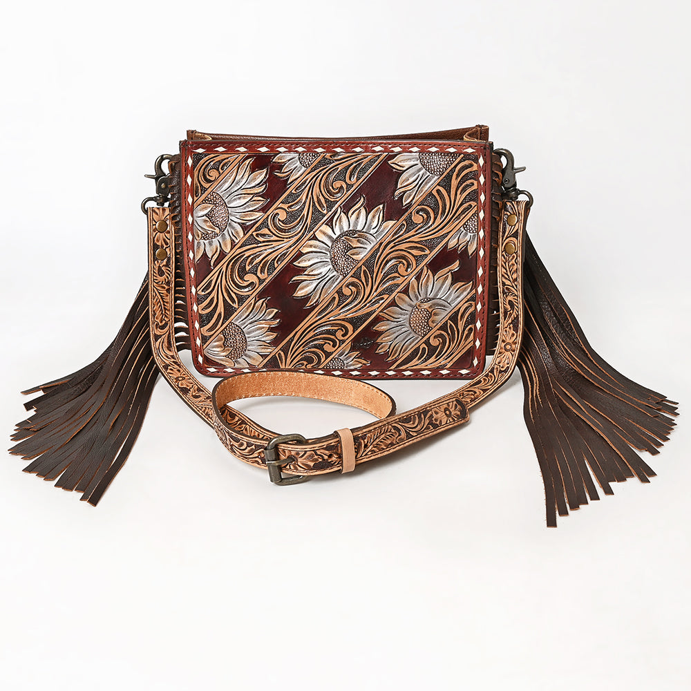 ADBG323 Hand-Tooled Leather Messenger Bag with Floral Daisies & Fringe Strap | American Darling