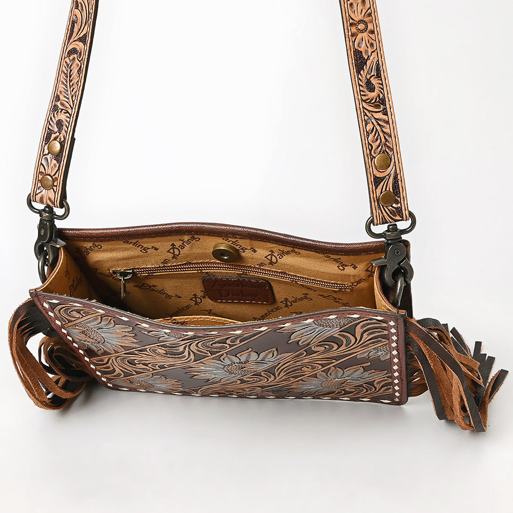 ADBG323 Hand-Tooled Leather Messenger Bag with Floral Daisies & Fringe Strap | American Darling