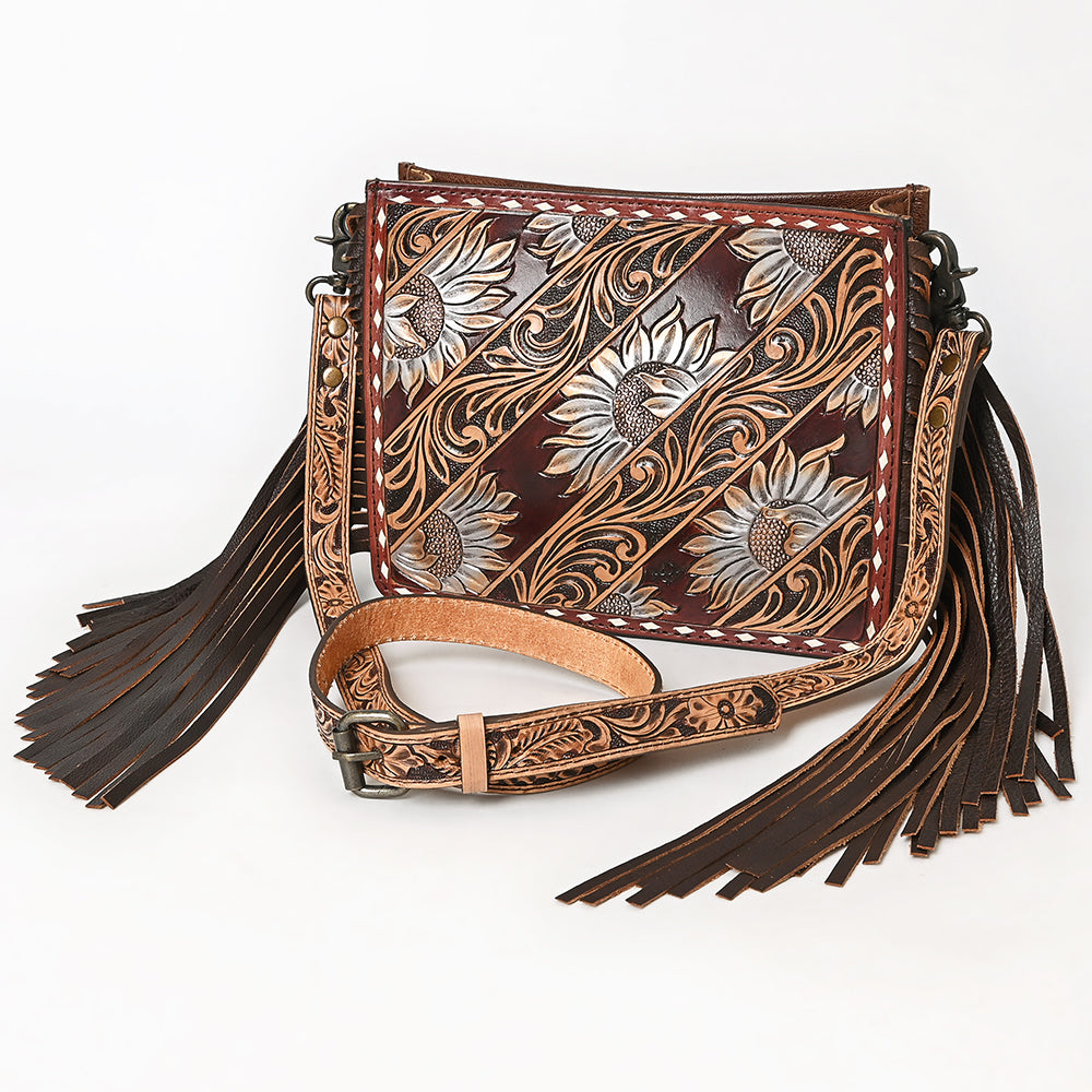ADBG323 Hand-Tooled Leather Messenger Bag with Floral Daisies & Fringe Strap | American Darling