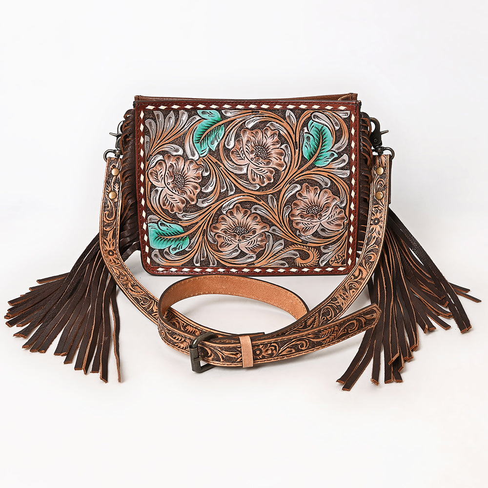 ADBG323 Hand-Tooled Leather Messenger Bag with Floral Daisies & Fringe Strap | American Darling