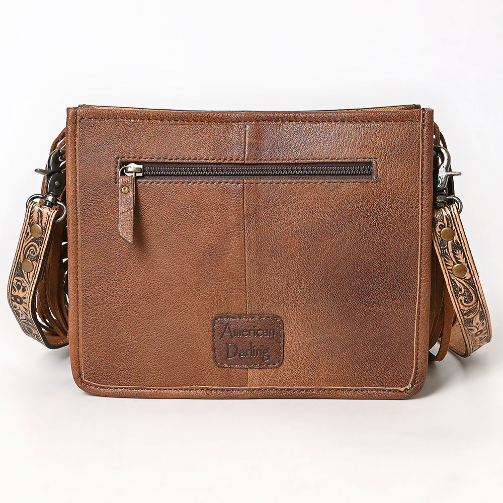 ADBG323 Hand-Tooled Leather Messenger Bag with Floral Daisies & Fringe Strap | American Darling