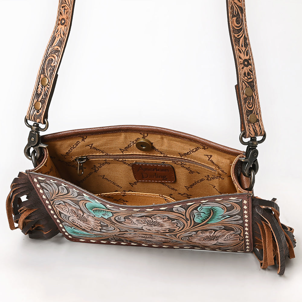 ADBG323 Hand-Tooled Leather Messenger Bag with Floral Daisies & Fringe Strap | American Darling