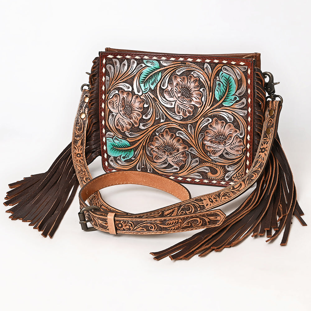 ADBG323 Hand-Tooled Leather Messenger Bag with Floral Daisies & Fringe Strap | American Darling