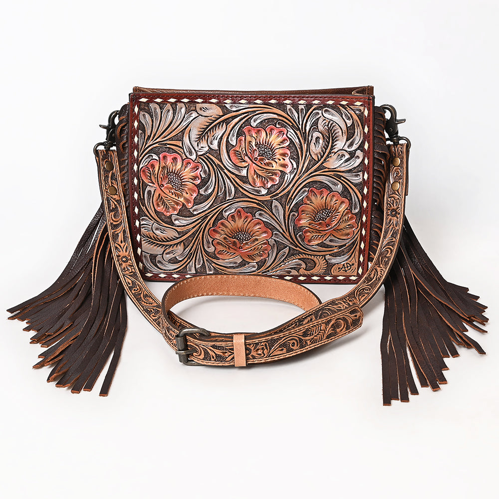ADBG323 Hand-Tooled Leather Messenger Bag with Floral Daisies & Fringe Strap | American Darling