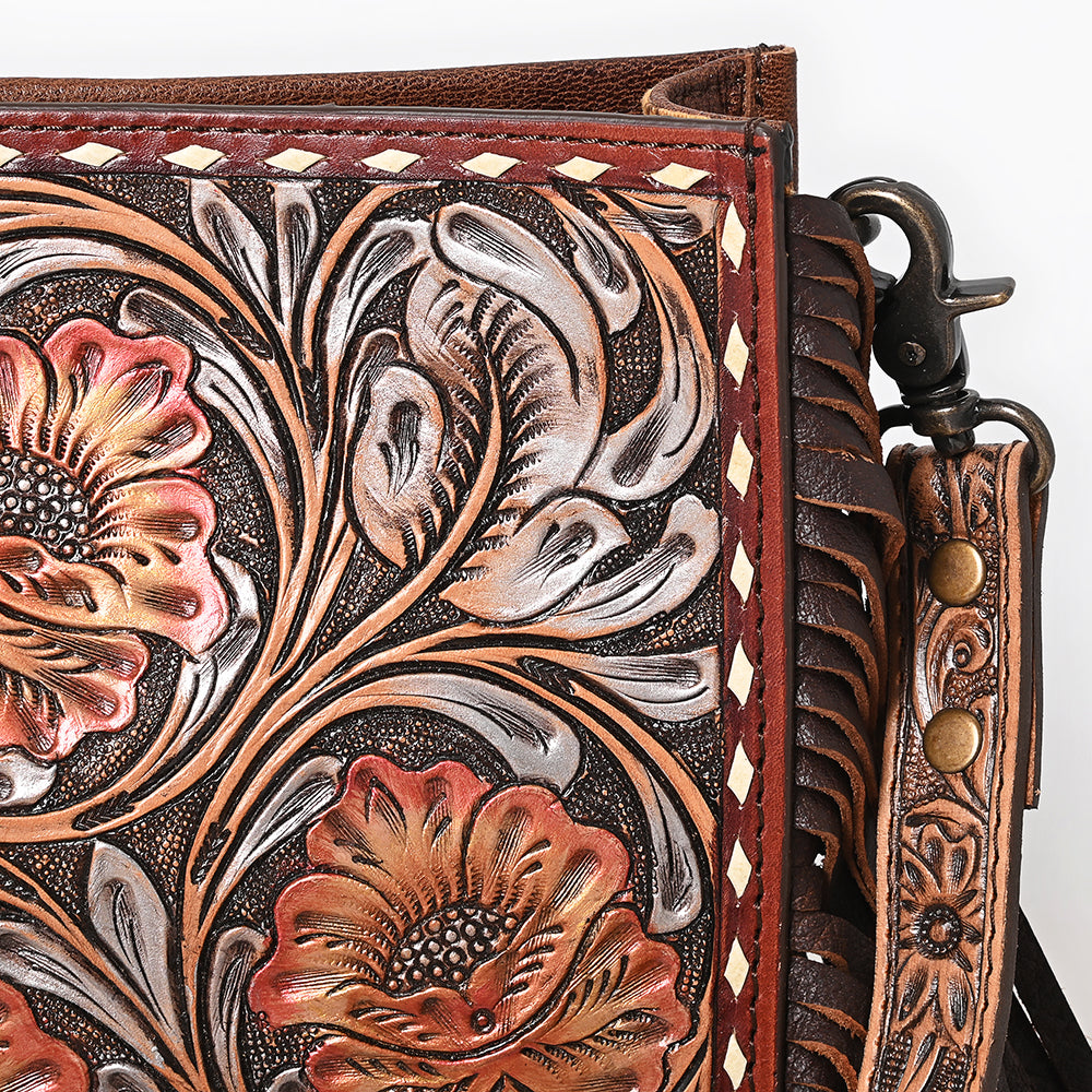 ADBG323 Hand-Tooled Leather Messenger Bag with Floral Daisies & Fringe Strap | American Darling