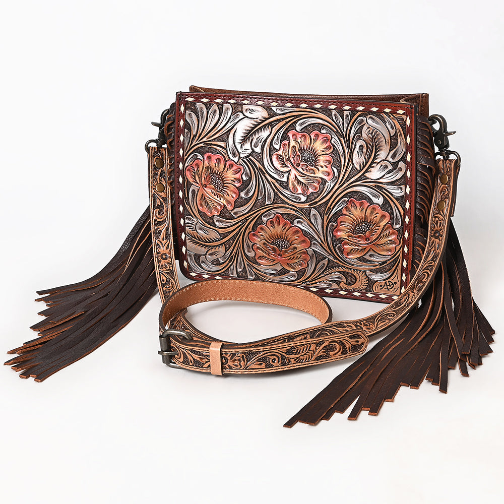 ADBG323 Hand-Tooled Leather Messenger Bag with Floral Daisies & Fringe Strap | American Darling