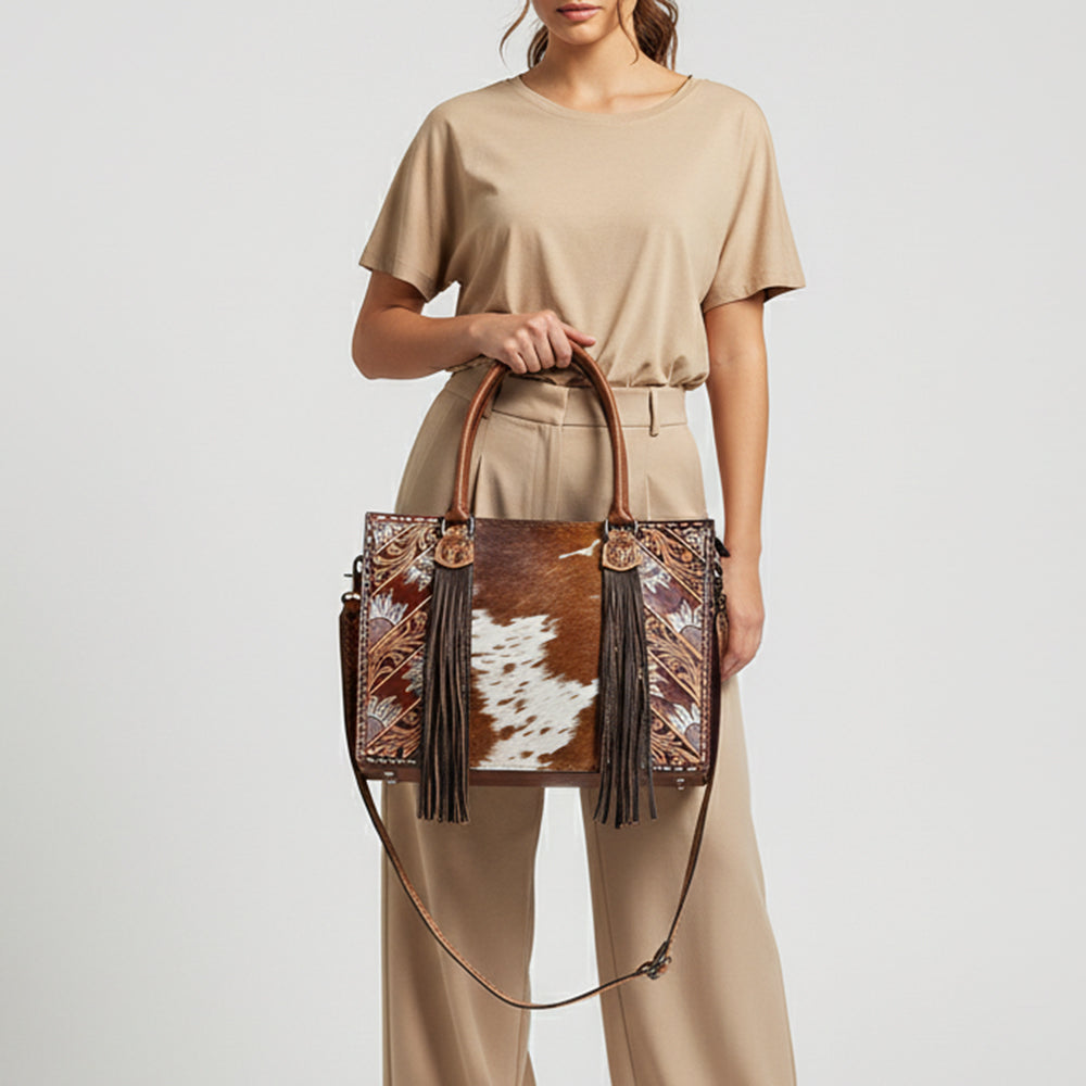 ADBG1718 Tooled Leather & Cowhide Western Tote Bag with Fringe and Floral Design