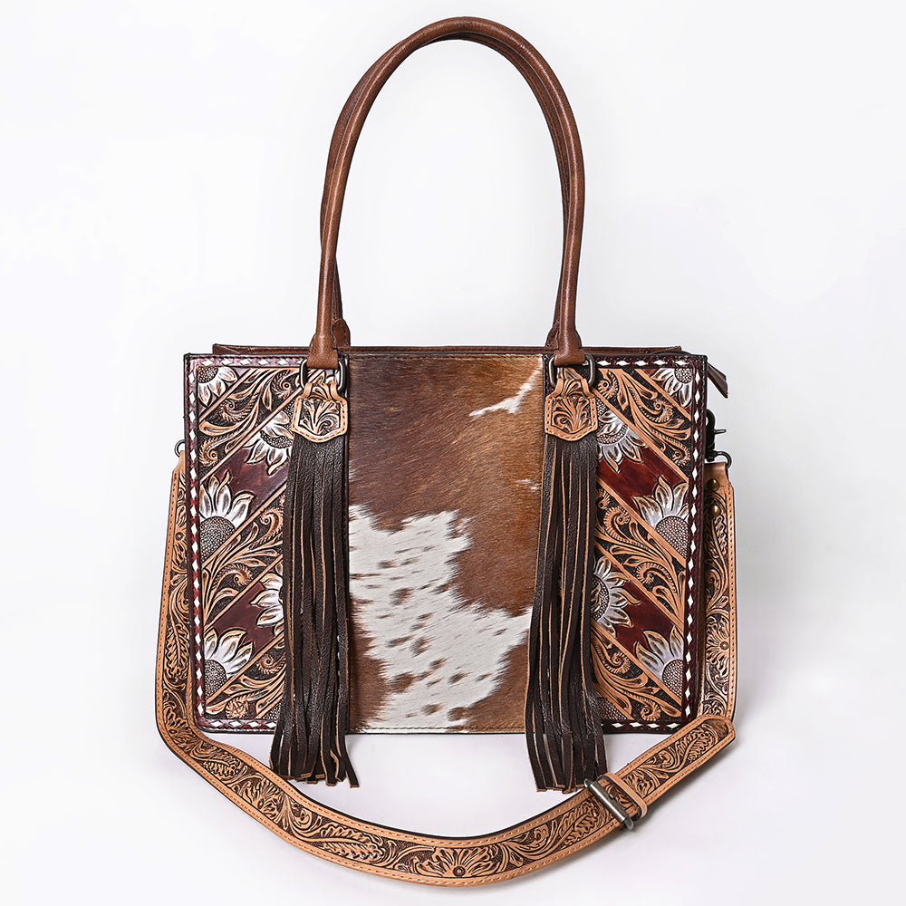 ADBG1718 Tooled Leather & Cowhide Western Tote Bag with Fringe and Floral Design