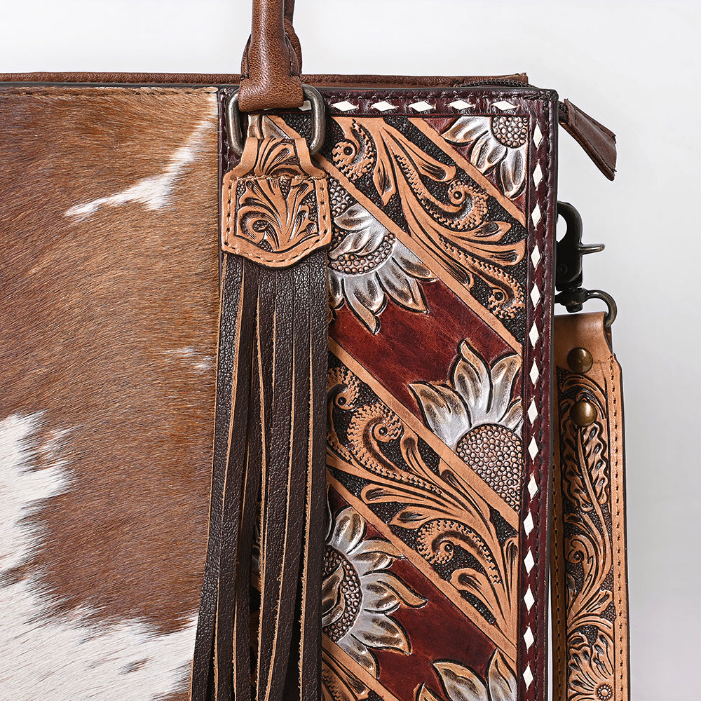 ADBG1718 Tooled Leather & Cowhide Western Tote Bag with Fringe and Floral Design