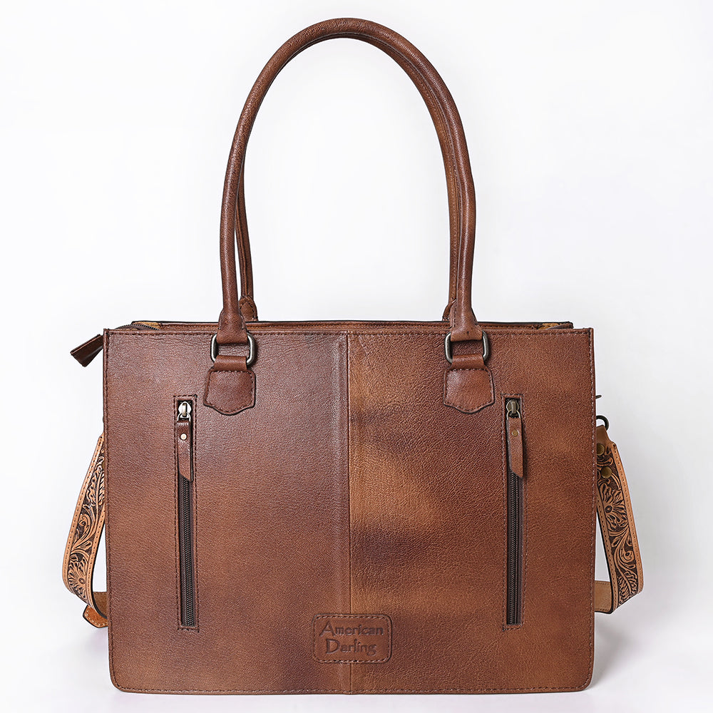 ADBG1718 Tooled Leather & Cowhide Western Tote Bag with Fringe and Floral Design