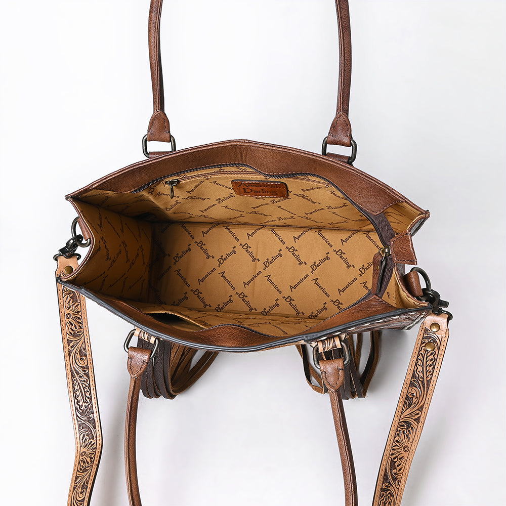 ADBG1718 Tooled Leather & Cowhide Western Tote Bag with Fringe and Floral Design
