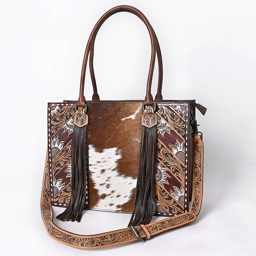 ADBG1718 Tooled Leather & Cowhide Western Tote Bag with Fringe and Floral Design