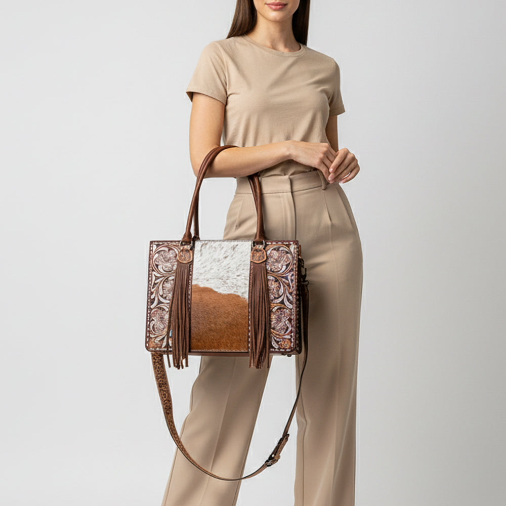 ADBG1718 Tooled Leather & Cowhide Western Tote Bag with Fringe and Floral Design
